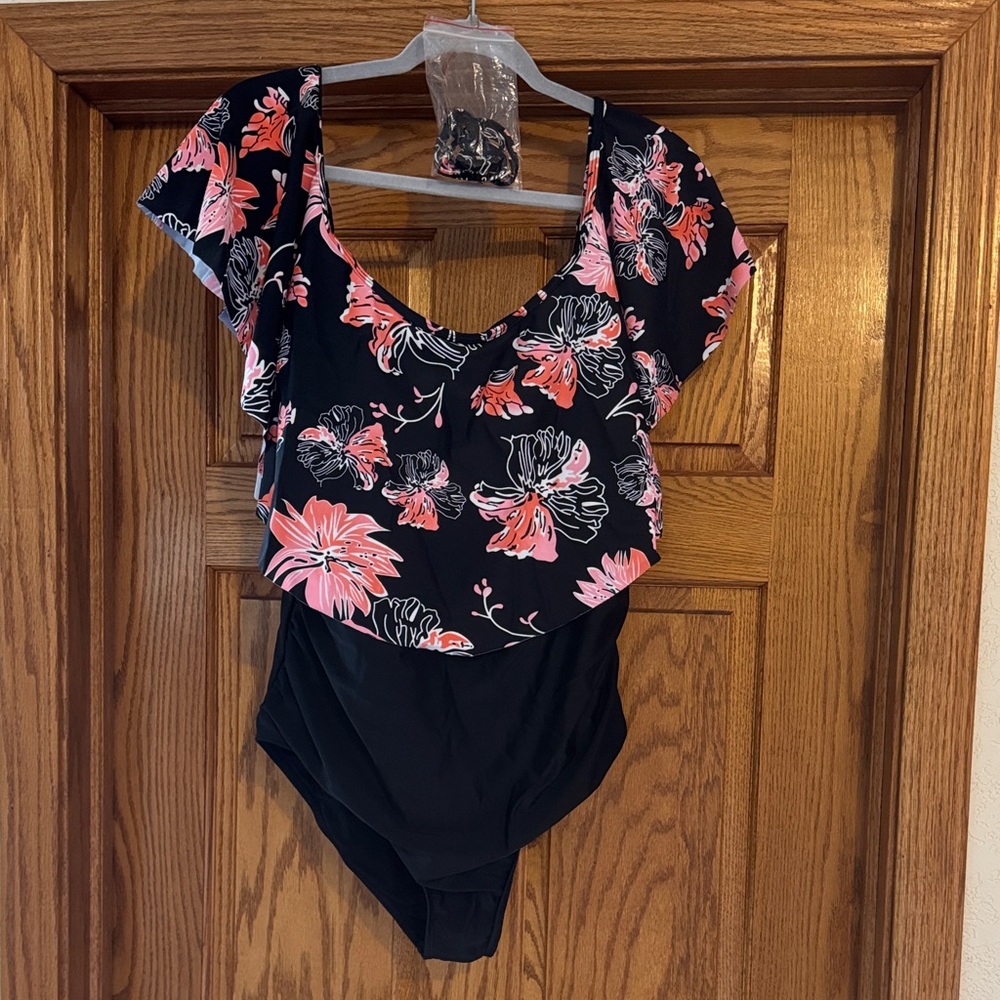 Black Floral One-Piece Swimsuit with flowers